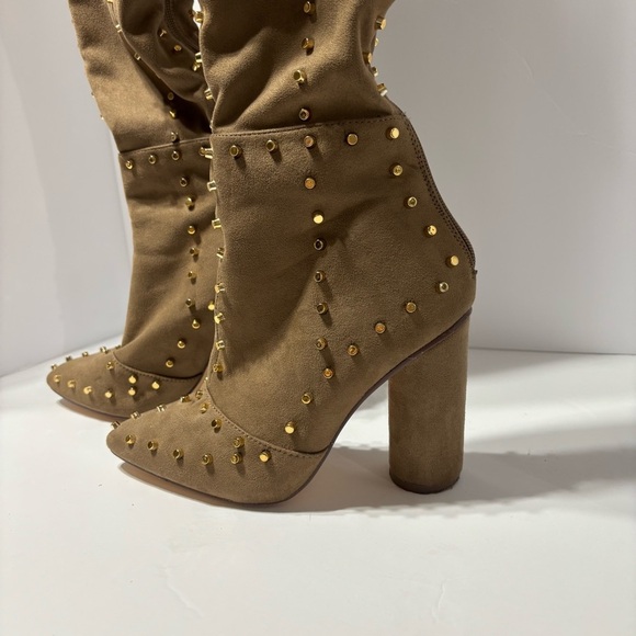 Venus Faux Suede Studded Over the knee Taupe Boots - Picture 1 of 7